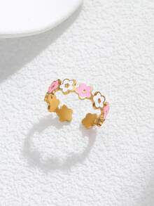 1枚不锈钢金色和白色珐琅花朵戒指，时尚简约设计，适合女性佩戴或作为礼物 - 金黃色 - 查看 4