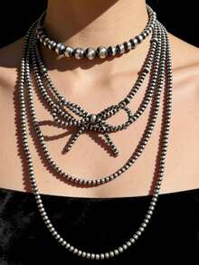 5pcs Minimalist Retro Bow Faux Pearl Necklace, Fashionable Jewelry Suitable For Party, Gathering, Vacation, 2026 New Arrival - Gray-black - View 1