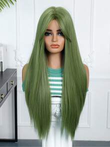 Wig Sintetis Tahan Panas Lurus Warna Hijau Alami 26 Inci Kualitas Bintang 5, Desain Belahan Tengah, Kepadatan Tinggi, Cocok untuk Pemakaian Sehari-hari, Pesta, Pernikahan, dan Festival Musik, untuk Wanita - Hijau - View 4