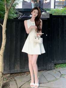 [Y6Y] Apricot Soft Breeze Sleeveless Dress | Women's Fashionable And Sweet Summer Short Dress - White - View 8