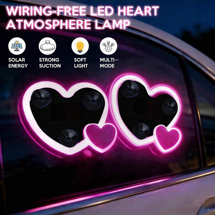 Double-Center Appearance Car Solar Triangle Heart-Shaped LED Neon Light | Built-In Wireless LED Ambient Light, Rechargeable Polymer Battery, USB Charging, Car-Specific, Universal - Trái tim kép - Xem 1