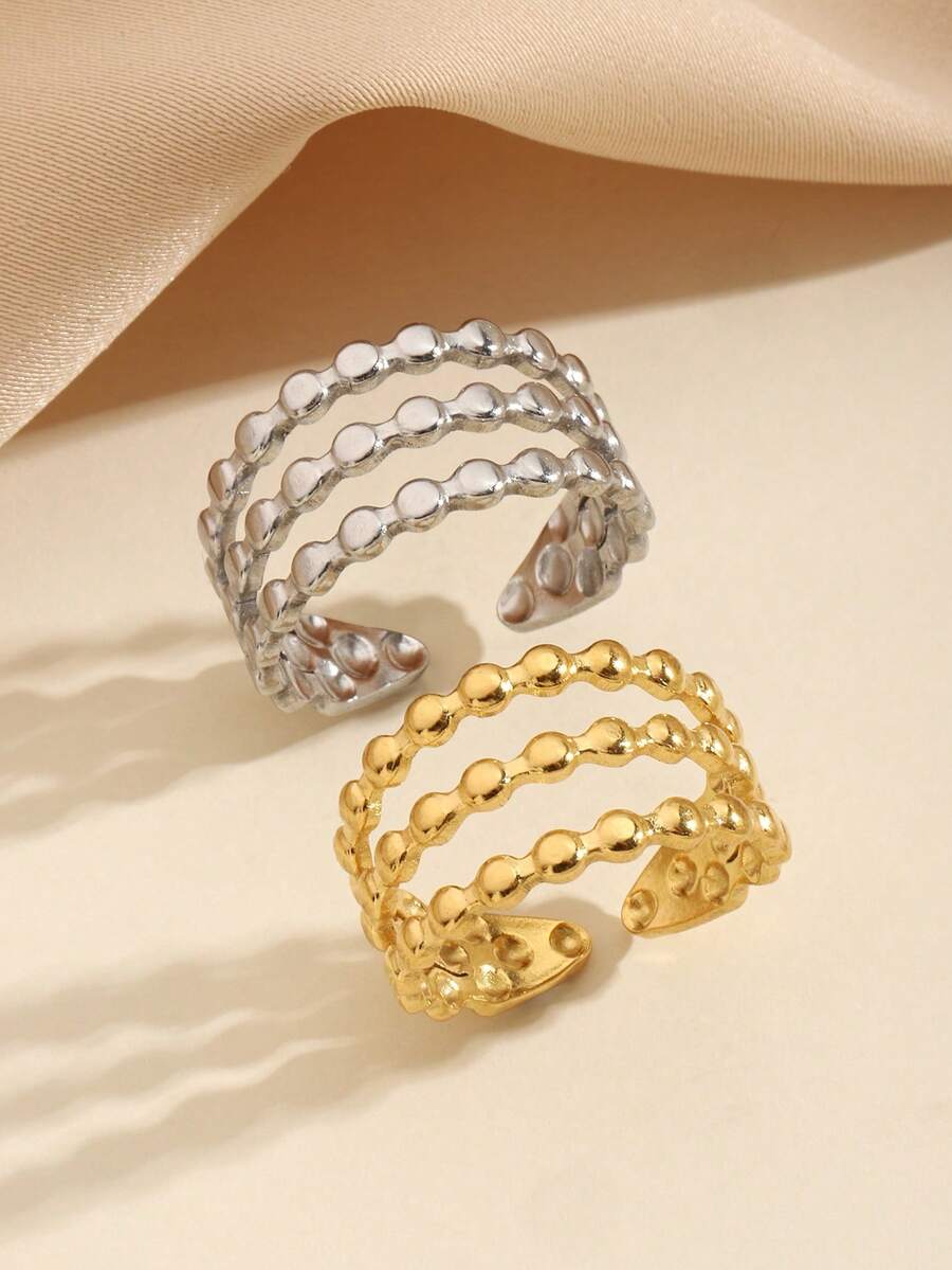 Set de 2 anillos abiertos multicapa de acero inoxidable de moda, en dorado y plateado, adecuados para uso diario de mujeres o como regalo - Multicolor - Ver 1