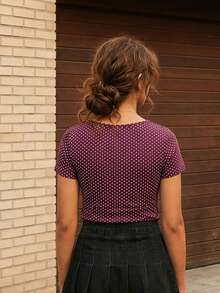 Women's Dot Sweetheart Neck Tops Cute Short Sleeve Front Knot Tie Up Shirt Retro French Blouse - Màu tím - Xem 6
