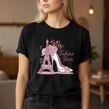 1PC Camiseta de Algodón Unisex de Talla Grande para Mujer, Diseño Gráfico Casual Negro con Estampado de la Torre Eiffel de París y Tacón Alto, para Hombres y Mujeres. ¡! Camiseta estampada de manga corta, casual y elegante para mujer. - Negro - Ver 1