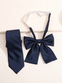 Bộ đồng phục học sinh nữ màu trơn mới, gồm 1 cà vạt và 1 hoa cài áo. - Vải chéo thô màu xanh đậm - Xem 2