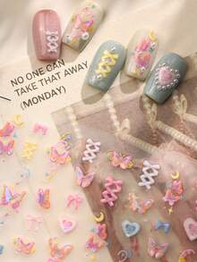 1pc French Sweet Butterfly, Star, Moon & Heart Nail Art Stickers, 5D Romantic Dreamy Nail Decor For Women & Girls, Self-Adhesive - Multicolor - View 4