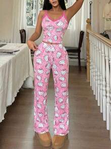 SANRIO 两件套 Hello Kitty 图案女士睡衣套装，柔软吊带背心和长裤睡衣，可爱舒适的家居服 - 粉色 - 查看 4