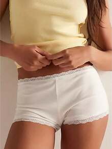 Women Micro Pajama Shorts Lace Trim Low Rise Pj Boyshorts Y2k Boxer Sleep Lounge Shorts Lace Boyshorts Panties Underwear - White - View 1