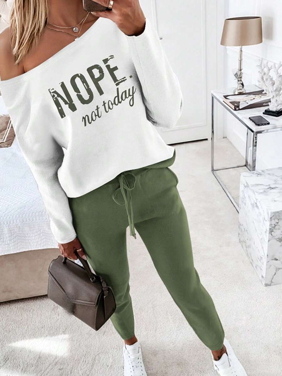 ChicMe 2pcs Women's "NOPE Not Today" Slogan Print Asymmetrical Neck Long Sleeve Sweatshirt And Drawstring Waist Skinny Pants Set