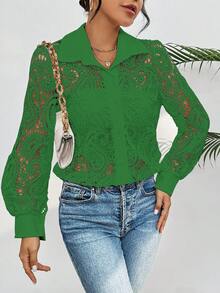Summer Blouse With Floral Guipure Lace, Long Sleeves, And A High Neck. - 綠色 - 查看 2