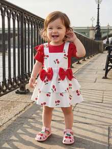 Conjunto de 2 piezas de verano para niñas pequeñas, mono liso de manga corta y mono con estampado de cerezas, ropa bonita para uso diario, ideal para 1 a 18 meses - Rojo - Ver 2