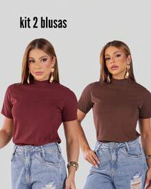 Kit 2 Camisetas Femininas Básicas Gola Alta Algodão Lisa Moderna Elegante Casual Confortável e Estilosa - kit2(marsala+marrom) - Visão 6