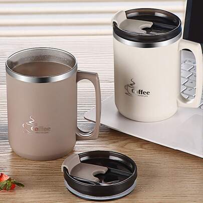 1 cốc cà phê bằng thép không gỉ 304 dung tích 450ml có tay cầm và nắp, cốc giữ nhiệt hai lớp, chống rò rỉ, thích hợp đựng trà, sữa, cà phê, nước, đồ uống chịu nhiệt, phù hợp cho học sinh và người lớn sử dụng tại nhà, trường học, ký túc xá, văn phòng, cắm trại và dã ngoại.