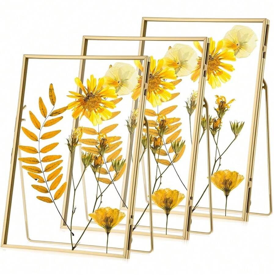 Pack Glass Pressed Flower Frame Handmade, 5 X 7 Floating Picture Frames For Pressed Flowers, Brass Double Glass For Tabletop Display, Home Office Plant Specimen, Photos(Gold) - Gold5x7inches - View 1