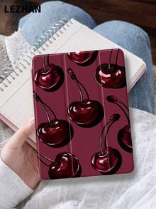 1pc Cherry Pattern Design Tablet Protective Case With Pencil Slot, Anti-Drop, Tri-Fold Tablet Stand Protective Shell, Compatible With 10.2", Pro 11" 2021/2020/10th Gen, (A16) 11" 11th Gen 2025, 8th/9th/10th Gen, Galaxy Tab A8 10.5" 2022, Matepad 10.4"/Tab, Support Sleep/Wake, Romantic Personalized Gift - Multicolor - View 2