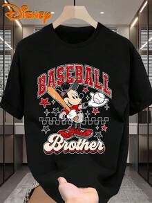 Disney 1件男士米奇卡通图案印花短袖T恤，圆领，弹力面料，适合日常穿着，易于打理，时尚休闲男士T恤 - 黑色 - 查看 1