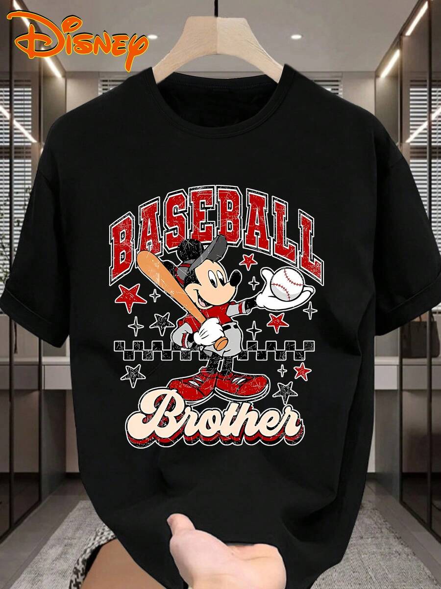 Disney 1件男士米奇卡通图案印花短袖T恤，圆领，弹力面料，适合日常穿着，易于打理，时尚休闲男士T恤 - 黑色 - 查看 1