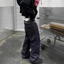 Retro Splicing Double Waist Street Low Waist Jeans Men's Loose Straight Wide Legs  Long Pants - 藍色 - 查看 4