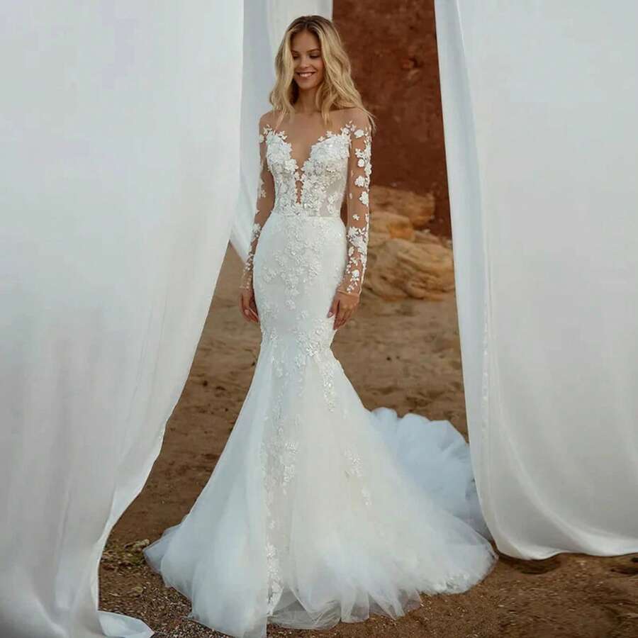 Elegant Sexy Long Sleeves Lace Appliqué Mermaid Satin Formal Wedding Dress,Registry Office Dresses Bridal Gown,Evening Party Dress Birthday Party Dress Country Wedding,Romantic Church Ceremony Wedding Dress,Suitable For Wedding,Dating,Party,Singles' Party,Vacation,Formal Occasions,Dinner Dress,Prom Dress,Homecoming Dess,Cocktail Party,Wedding Guest Dress,Graduation - 白色 - 查看 1