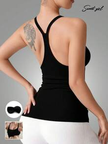 U领黑色露背吊带背心，修身透气，百搭易穿，时尚露背运动背心，带胸垫 - 黑色 - 查看 12