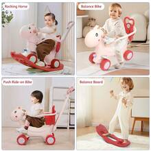 4 In 1 Baby Rocking Horse With Push Handle & Basketball Hoop-Toddler Balance Ride-On, Walker, Scooter, And Balance Board For 1-3 Years, Ocean-Themed Kids Toy, Birthday Gift - Pink - View 3
