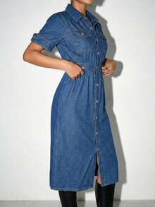 Women's High Waisted Denim Shirt Dress - Short Sleeve Button Front Midi Dress Soho Minimalist Aesthetic - 深色水洗藍 - 查看 3