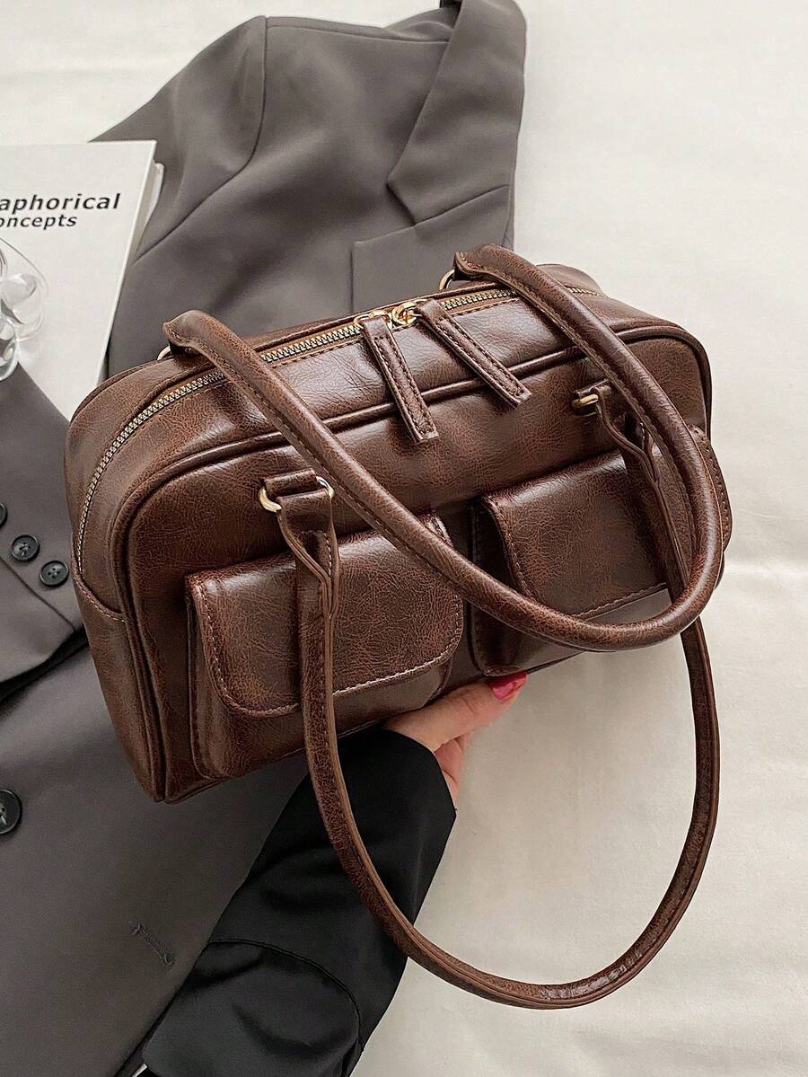 Large Capacity Work PU Tote Bag With Multiple Pockets, Simple And Fashionable Women Shoulder Bag, Solid Color Personalized Handbag, Japanese Bag, Street & Japanese Bag For Women - 咖啡棕 - 查看 1