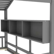 TWIN SIZE FLOOR BED FRAME FOR TODDLER MONTESSORI HOUSE BED WITH ROOF DESIGN STORAGE SHELF PLAYHOUSE BED WHITE PERFECT KIDS BED FOR BOYS AND GIRLS TODDLER BED IDEAL CHILD'S BED - Grey - View 9