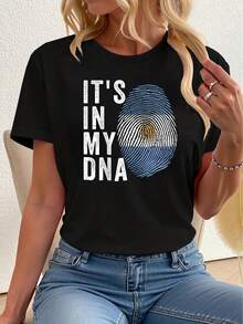Women'S Argentina National Day T-Shirt| DNA Fingerprint Print With DNA Helix & Strand Design, Blue DNA Pattern, Soft Stretchy Fabric, Crew Neck, Short Sleeve, S-XXL Sizes, Casual & Formal Outfits, Ideal For National Day Celebrations - màu đen - Xem 5