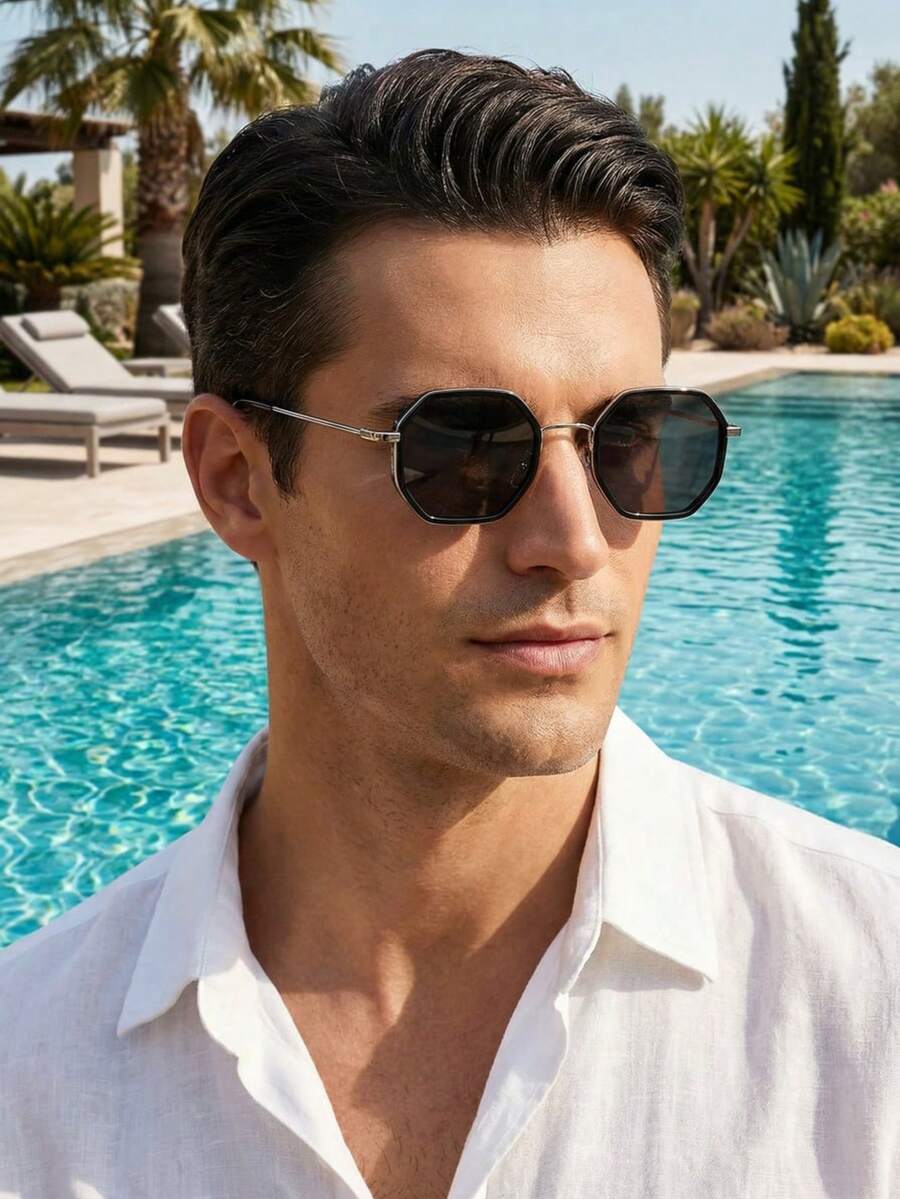 1副男士金属几何混合框太阳镜 - 銀灰 - 查看 1