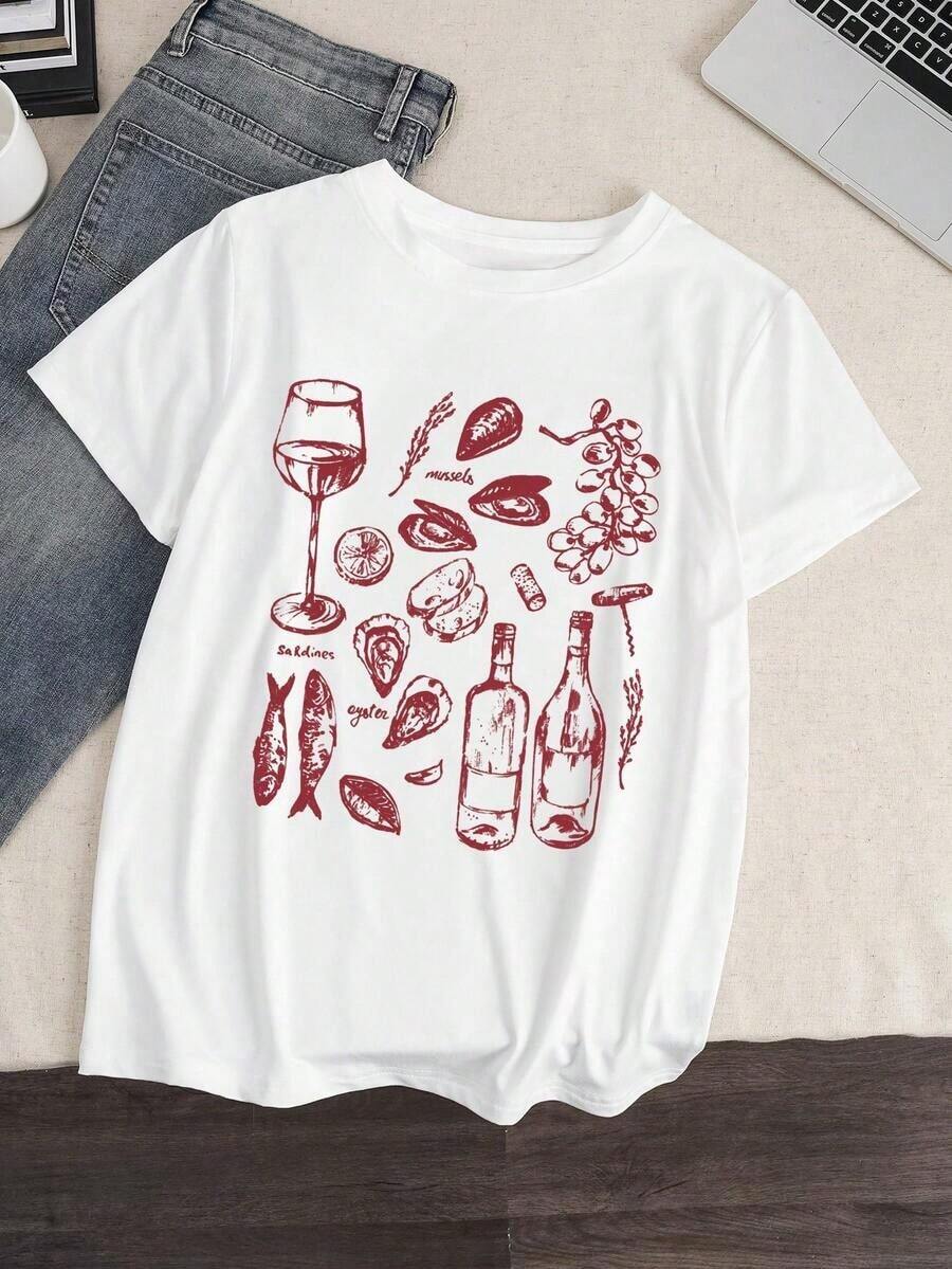 Women's Casual T-Shirt With Print Of Wine Glass And Bottle And Seafood, Minimalist Casual Style - 白色 - 查看 1