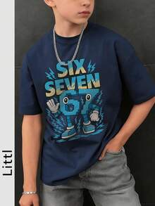 Tween Boys Casual Printed Crew Neck Short Sleeve T-Shirt, Summer Top - Navy Blue - View 1