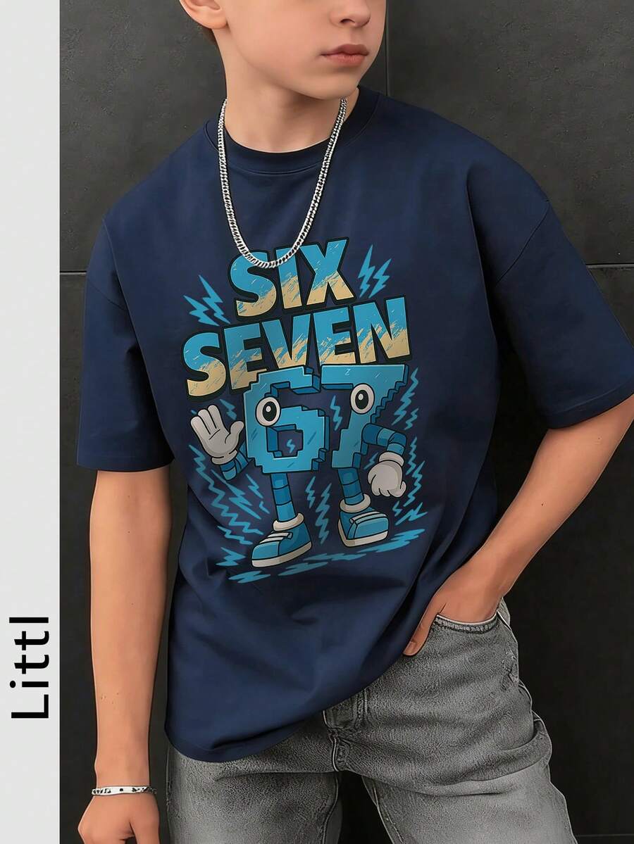 Tween Boys Casual Printed Crew Neck Short Sleeve T-Shirt, Summer Top - Navy Blue - View 1