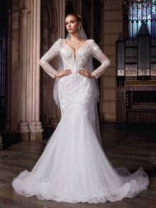 QOQ 优雅浪漫白色网纱深V领蕾丝长袖新娘婚纱礼服 - 白色 - 查看 3