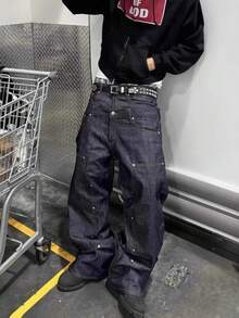 Retro Splicing Double Waist Street Low Waist Jeans Men's Loose Straight Wide Legs  Long Pants - 藍色 - 查看 1