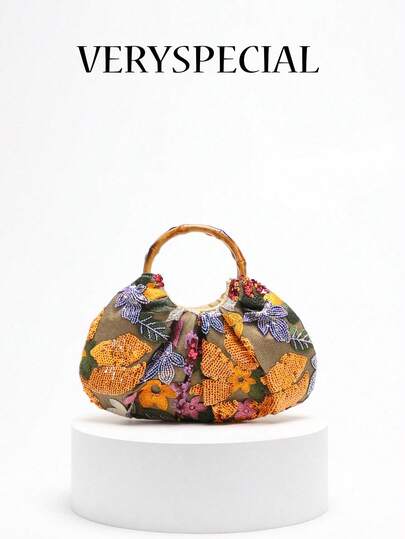 1 件时尚花卉刺绣、云朵图案和亮片拼布亚麻手提包，褶皱设计独特女士小手提包，适合海滩、夏季和度假（花卉图案随机发送）