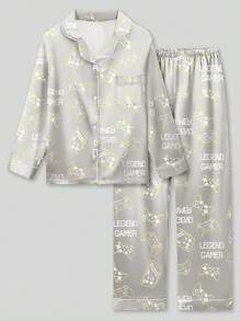 2pcs Tween Boy Gray Video Game Print Long Sleeve Pajama Set - Multicolor - View 5