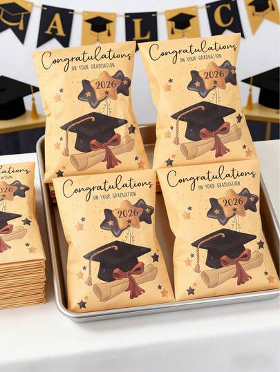 27pcs Graduation Gift Kraft Paper Bags With Black Graduation Cap Sticker Label, Self-Seal Brown Bags, Graduation Money Envelopes, Graduation Party Candy Cookie Gift Packaging Bags, Gift Wrapping Supplies, Graduation Gifts, 2026 Graduation Party Decorations, Graduation Decor, Tabletop Centerpiece, Party Favors