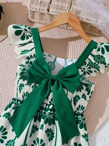 Tween Girls' Floral Print Camisole Top With Flared Sleeves + High Waist Jumpsuit With Bow Back, Fresh And Sweet, Spring/Summer - Green - View 5