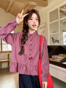 女士春夏蓝色格子下摆荷叶边拼接衬衫，新款休闲通勤长袖露脐上衣，适合秋季穿着 - 紅色 - 查看 1