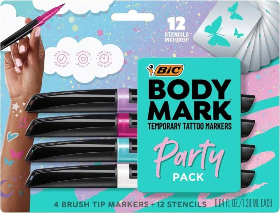 BIC BodyMark Party Pack Temporary Tattoo Marker For Skin, Premium Brush Tip, Gifts For Teens, 4 Count Pack - White - View 1