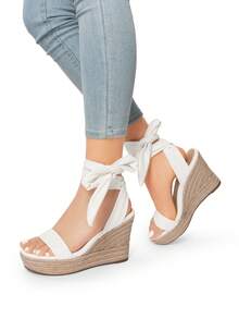 Womens Open Toe Espadrilles Wedges Tie Lace Up Cute Ankle Strap Platform Sandals Dressy Shoes - trắng - Xem 10