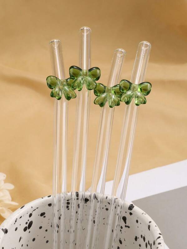 1pc/4pcs Natural Green Butterfly Bent Glass Straws, Reusable, Suitable For Matcha, Iced Coffee, Mojito, Bubble Tea - Gift For Women, Friends, Her Elegant Birthday