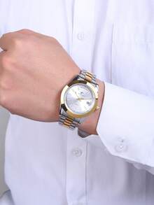 RICECGO 男士休闲石英表，金色不锈钢表带，夜光日历，多功能学生腕表，情人节或生日送给男友的礼物 - 銀間金 - 查看 1