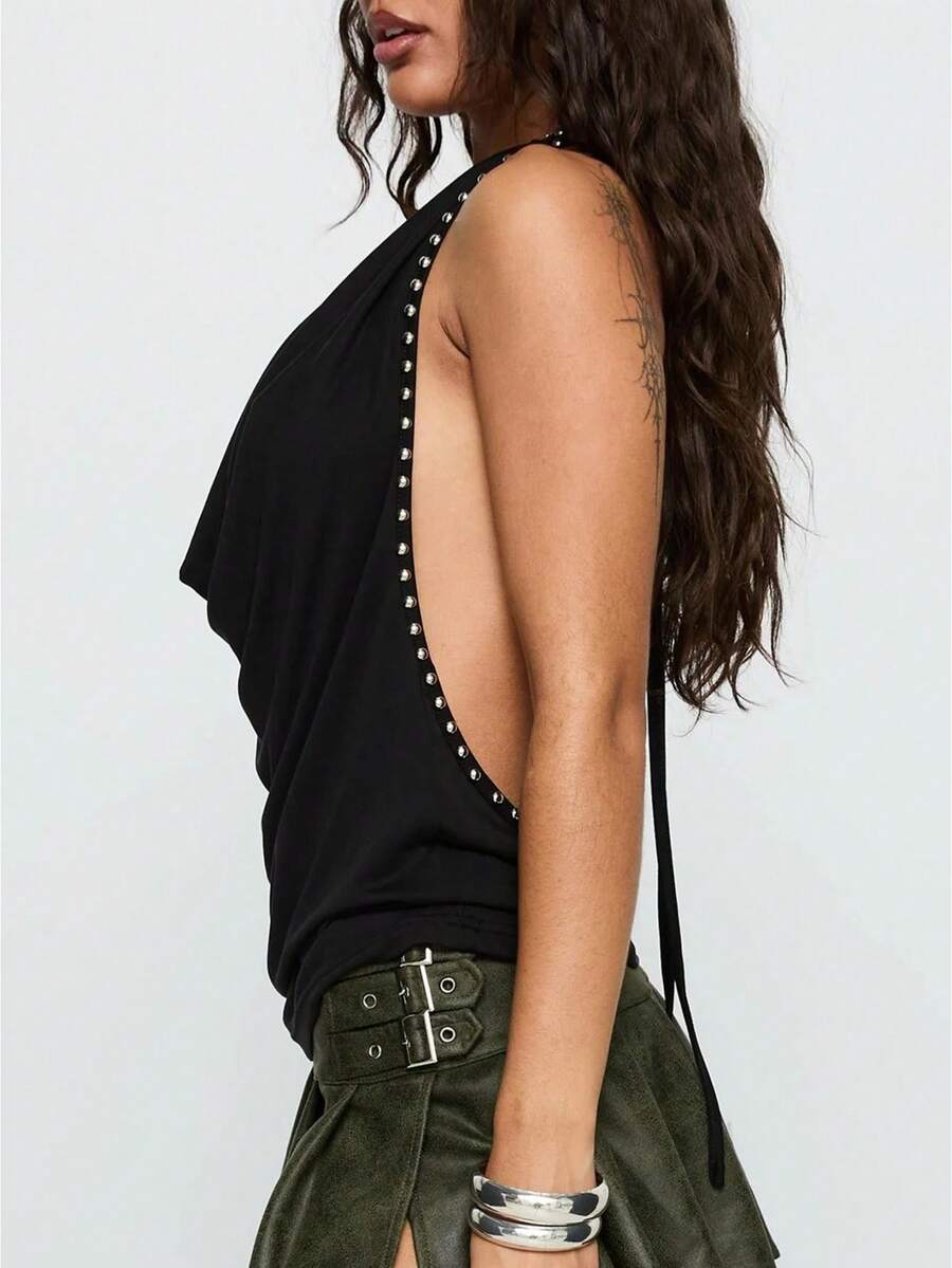 Womens Studded Halter Tank Tops Summer Fashionable Slim Fit Cowl Neck Backless Vest - Black - View 1