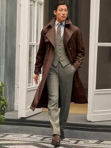 Runcati Men's Trench Coat Double Breasted Notched Lapel Casual Belted Windbreaker Fall Classic Long Jacket Overcoat - Brown - View 4