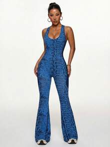 1pc Seamless Snake Skin Pattern High Stretch Tummy Control Sports Yoga Jumpsuit For Women - Navy Blue - View 2