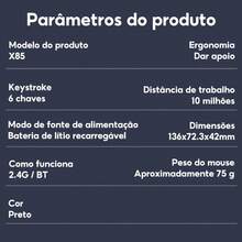 Mouse Gamer X85 RGB Sem Fio 2.4G Bluetooth Recarregável Modelo X85, mouse gamer sem fio, conexão 2.4G e Bluetooth, iluminação RGB, recarregável, design ergonômico, ajuste de DPI, teclas silenciosas - Visão 10