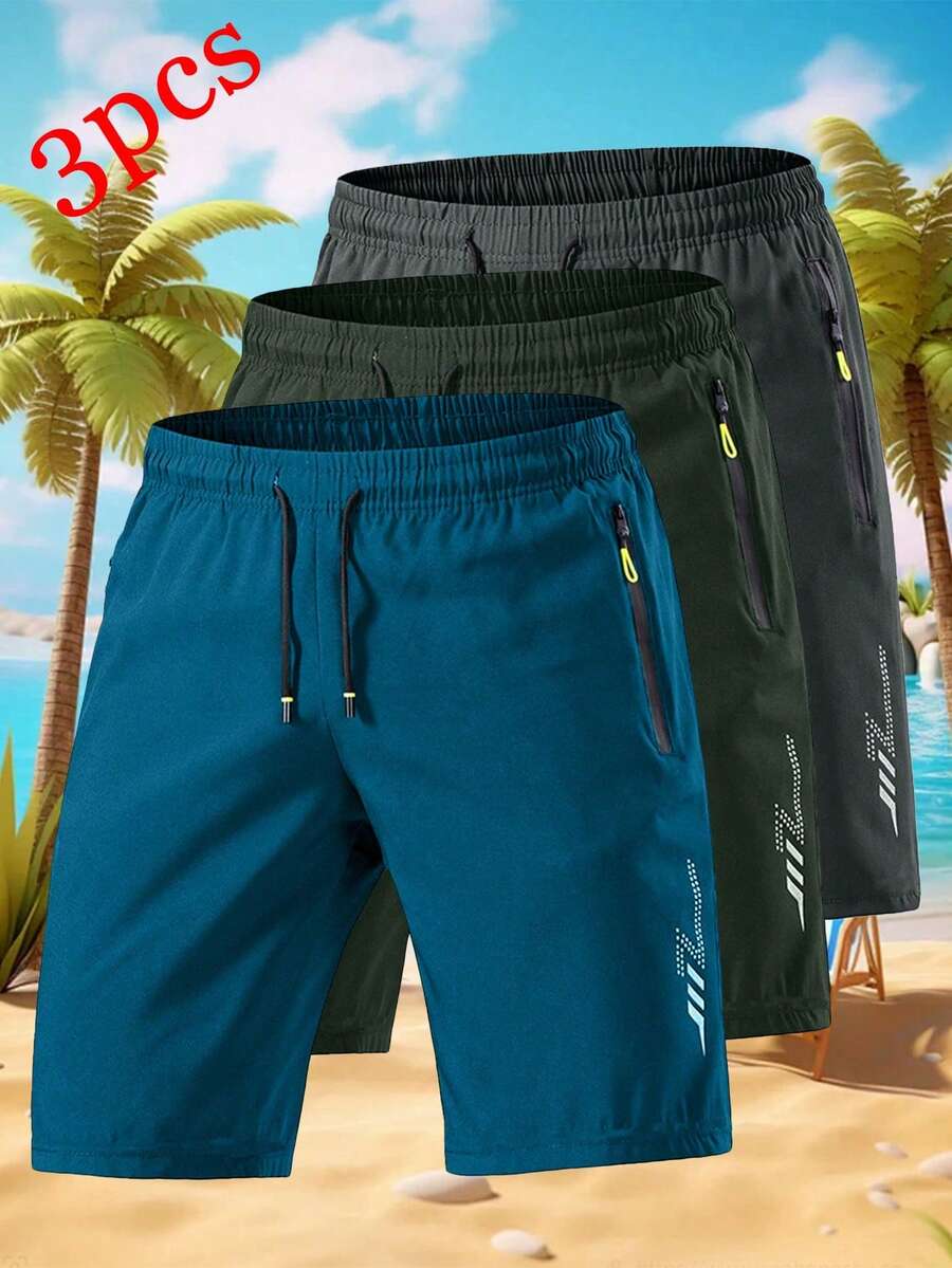 3pcs/Set Men's Outdoor Sports Casual Loose Quick-Dry Shorts With Reflective Strip Design, Suitable For Running And Outdoor Activities