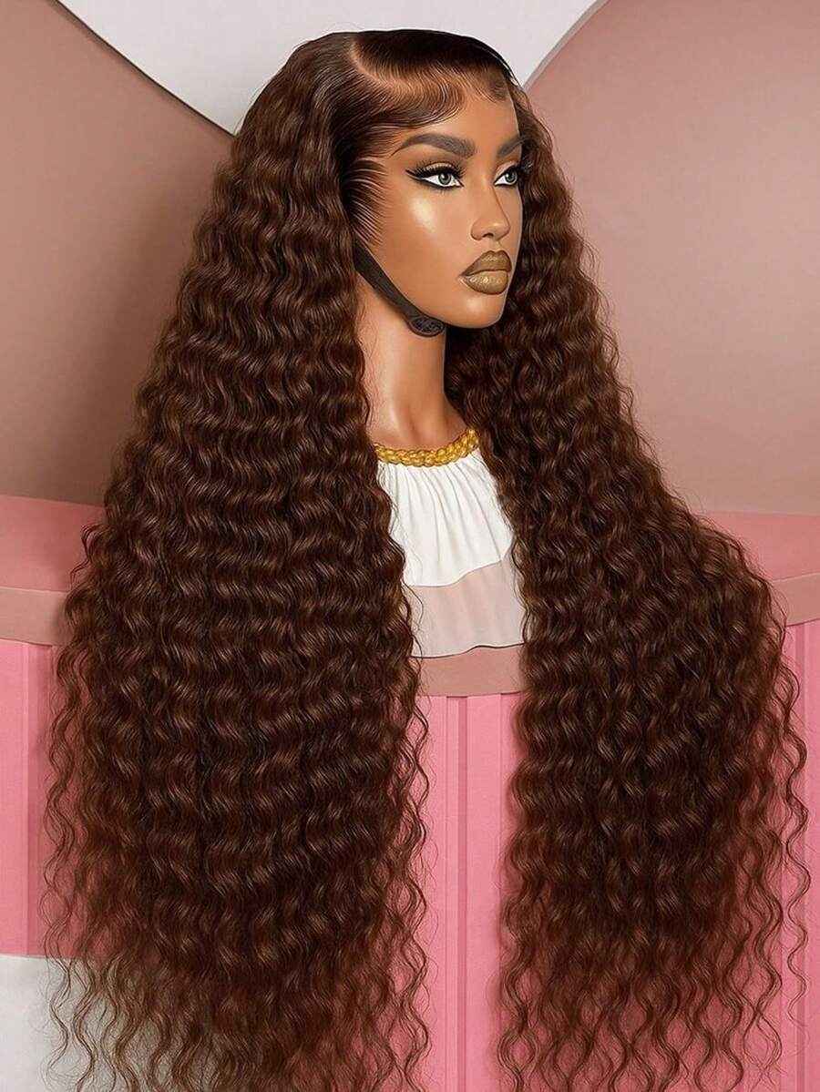 36 Inch Chocolate Brown Deep Wave Lace Front Wigs Human Hair 250 Density 13x6 HD Lace Frontal Wig 100% Brazilian Virgin Curly Human Hair Wig Pre Plucked Wet And Wavy Human Hair Wigs For Women Colored Brown Glueless Wig With Natural Hairline - S4 - 查看 1